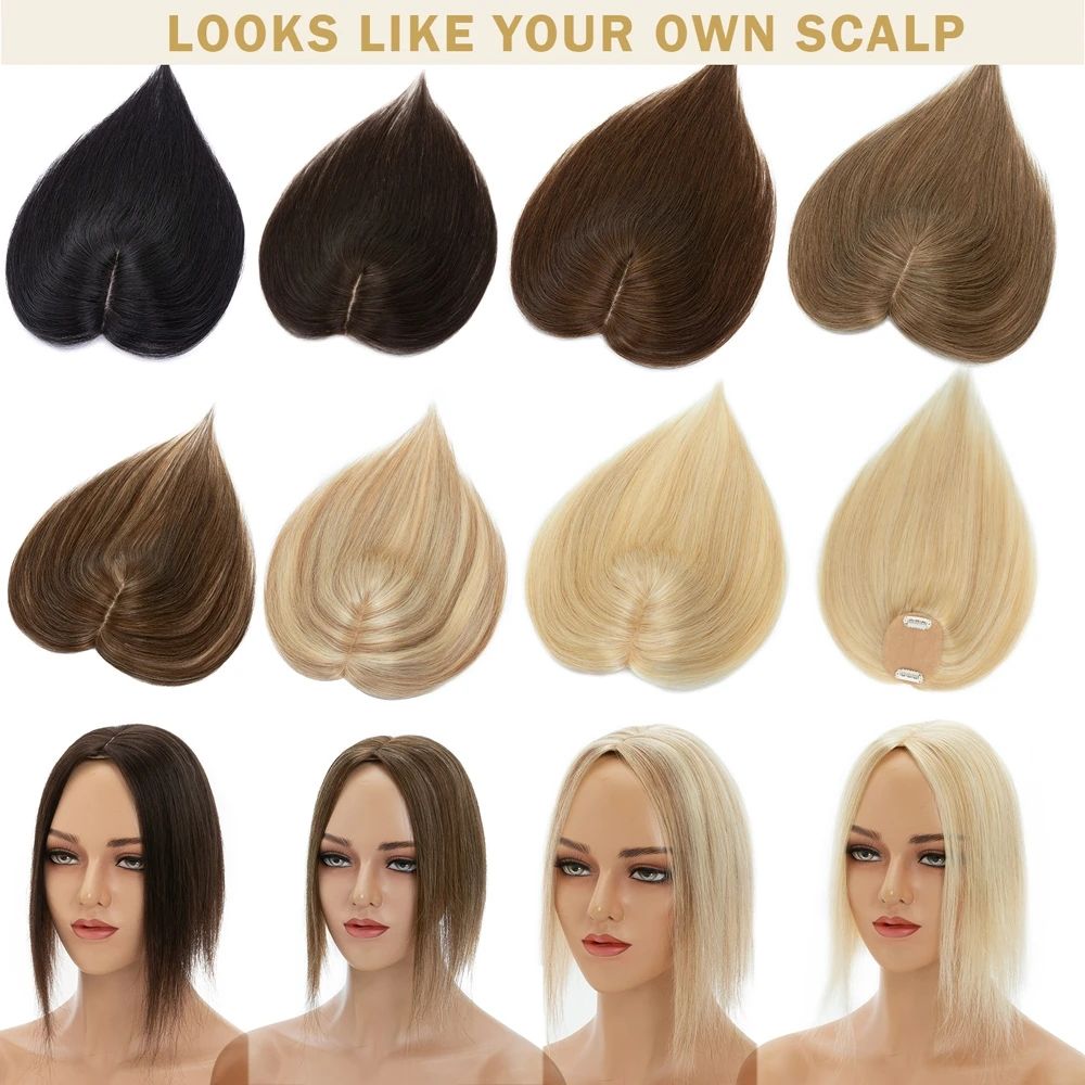 Small Human Hair Topper 2.3''x 3.5'' Silk Base Natural Hair Piece For Women 2 Clips on Hairpiece Invisible Light Topper