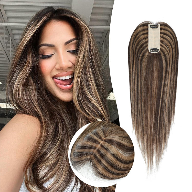 1.5"x5" Silk Base Straight Real Human Hair Toppers With Highlights