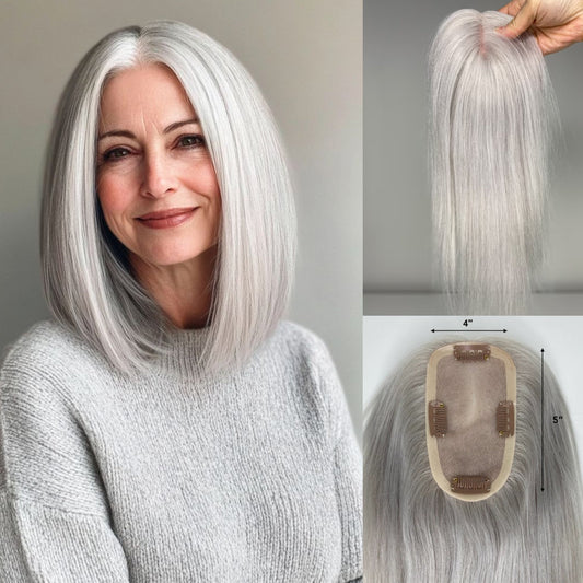 100% Virgin Remy Light Silver Mono Base Human Hair Topper for Women