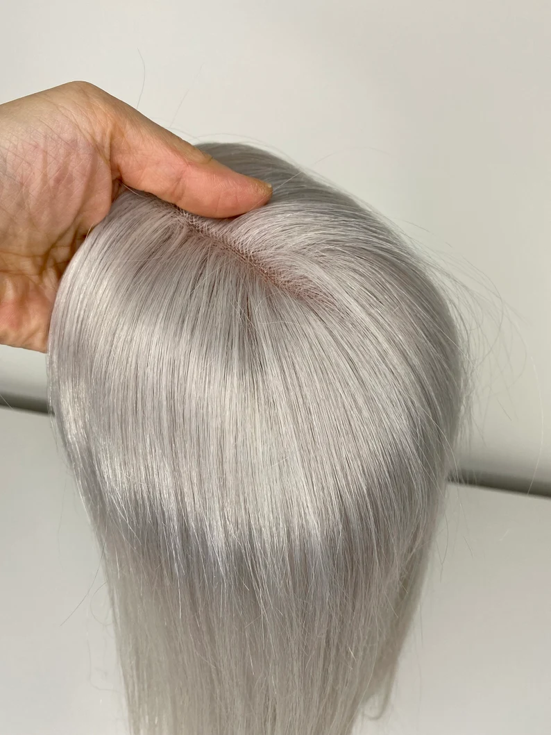 Shoulder Length Grey Full Handtied Mono Base Human Hair Topper for Women