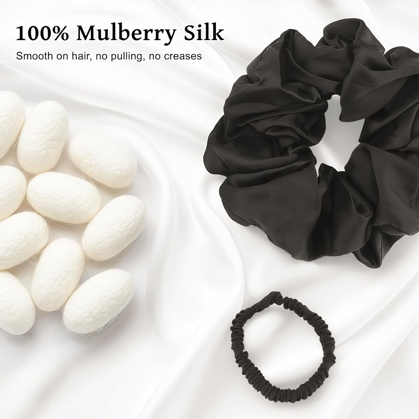 6PCS 100% Mulberry Silk Scrunchies Set, 2 Large and 4 Thin Silk Hair Ties for Women