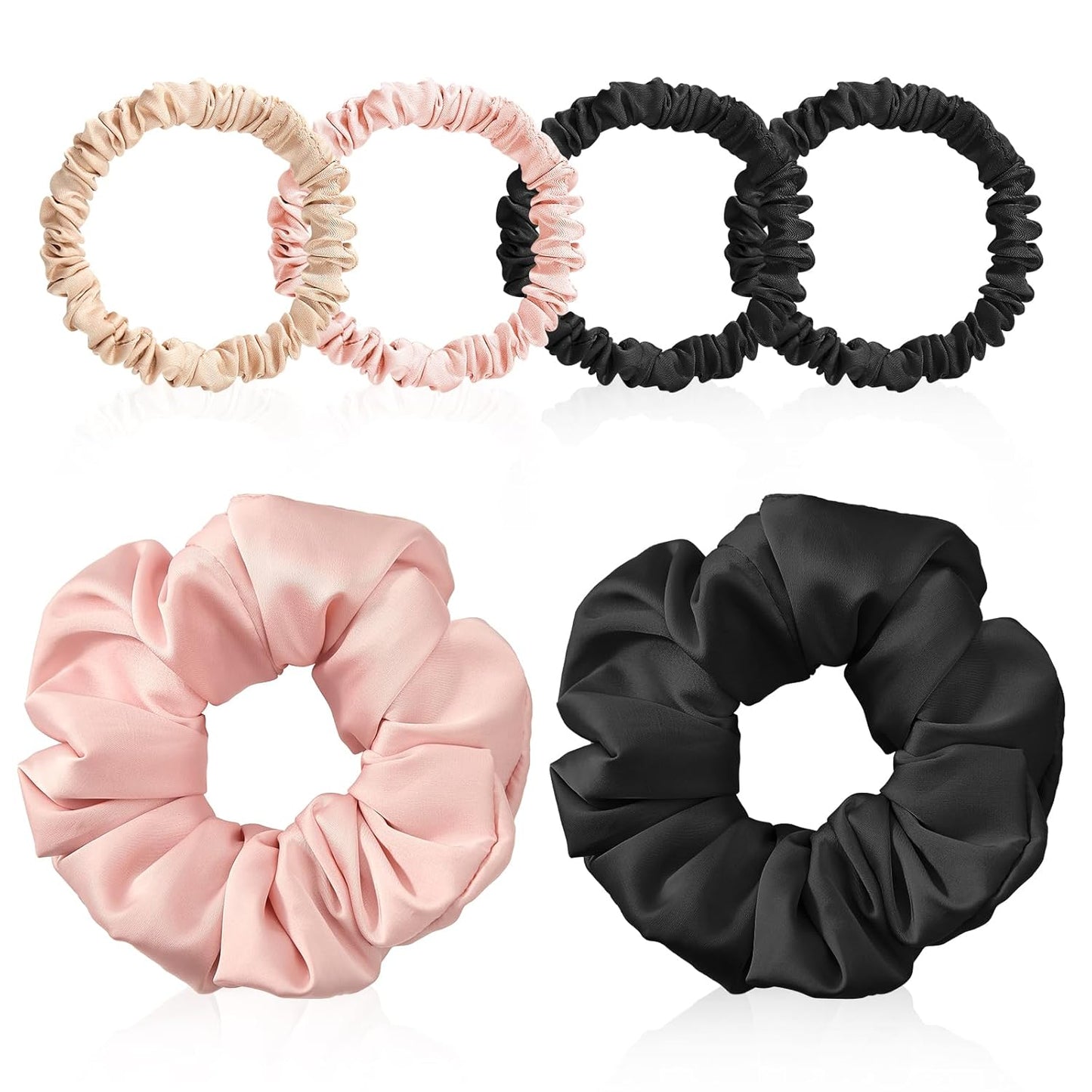 6PCS 100% Mulberry Silk Scrunchies Set, 2 Large and 4 Thin Silk Hair Ties for Women