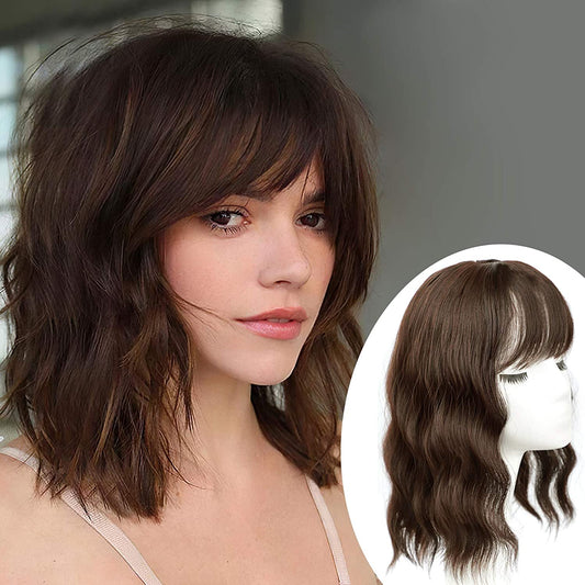 Brown Wavy Human Hair Topper Hairpieces with Bangs for Women