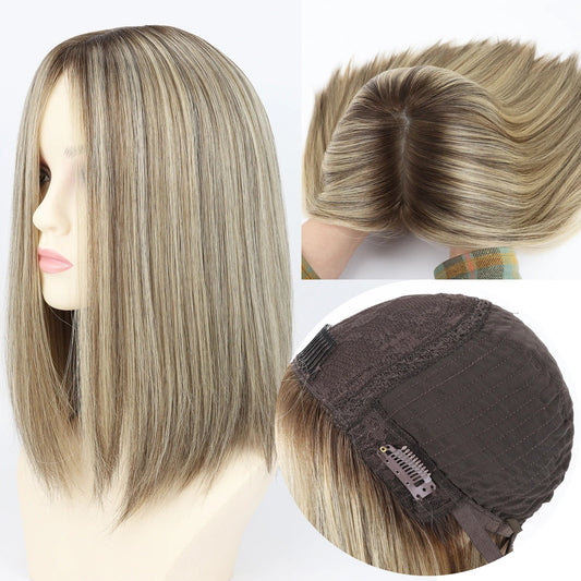 14 inch Wig for Women #Q8 Blonde Mix Highlight Rooted Human Hair Wig