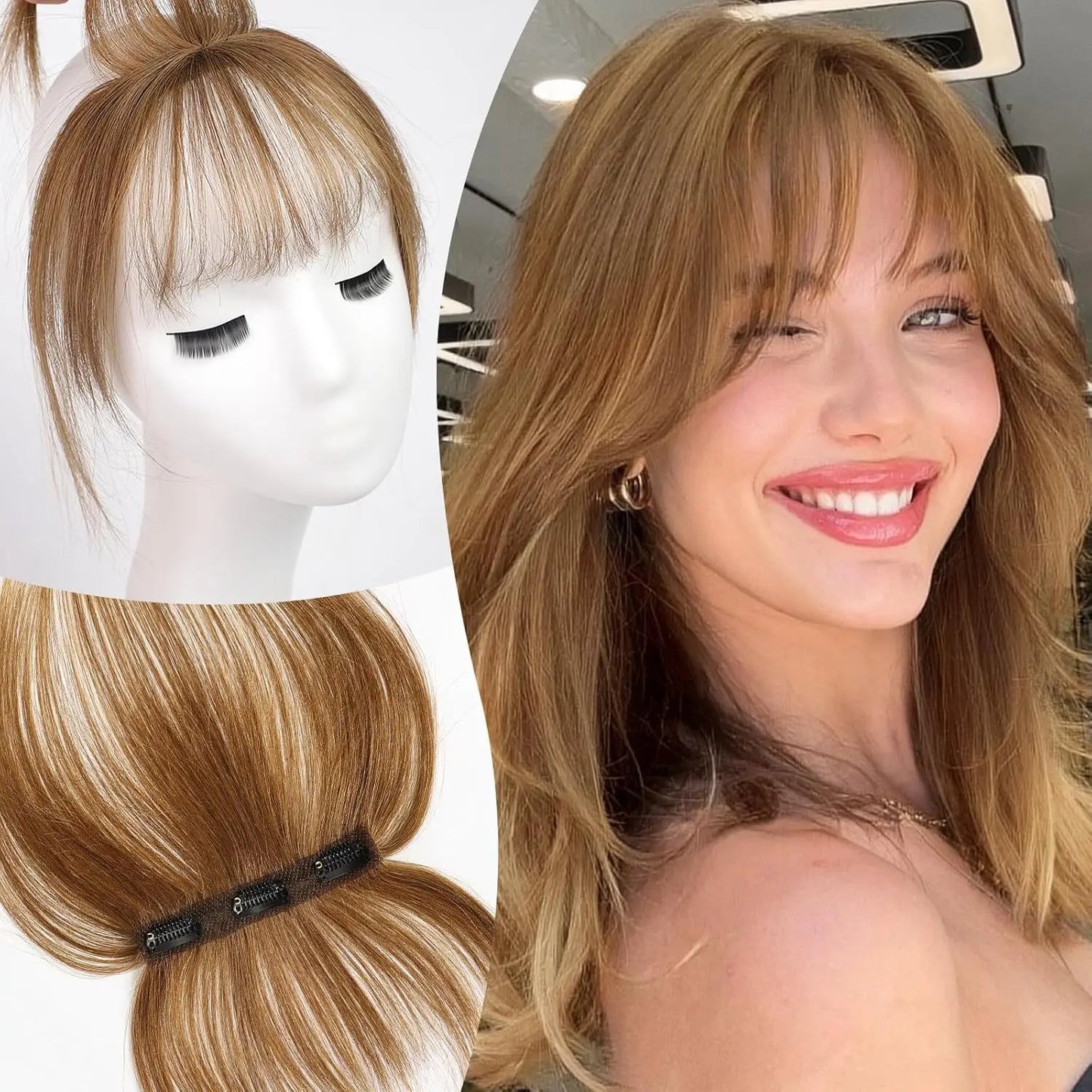 100% Real Human Hair Bangs 3 Secure Clips in Remy Hair Extensions for Woman 360° Full Coverage Natural Air Bangs with Temples