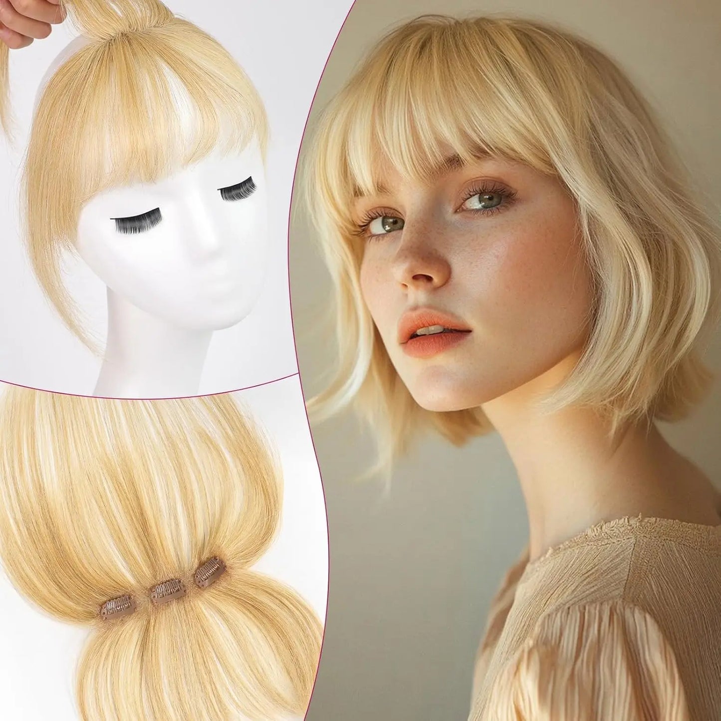 100% Real Human Hair Bangs 3 Secure Clips in Remy Hair Extensions for Woman 360° Full Coverage Natural Air Bangs with Temples