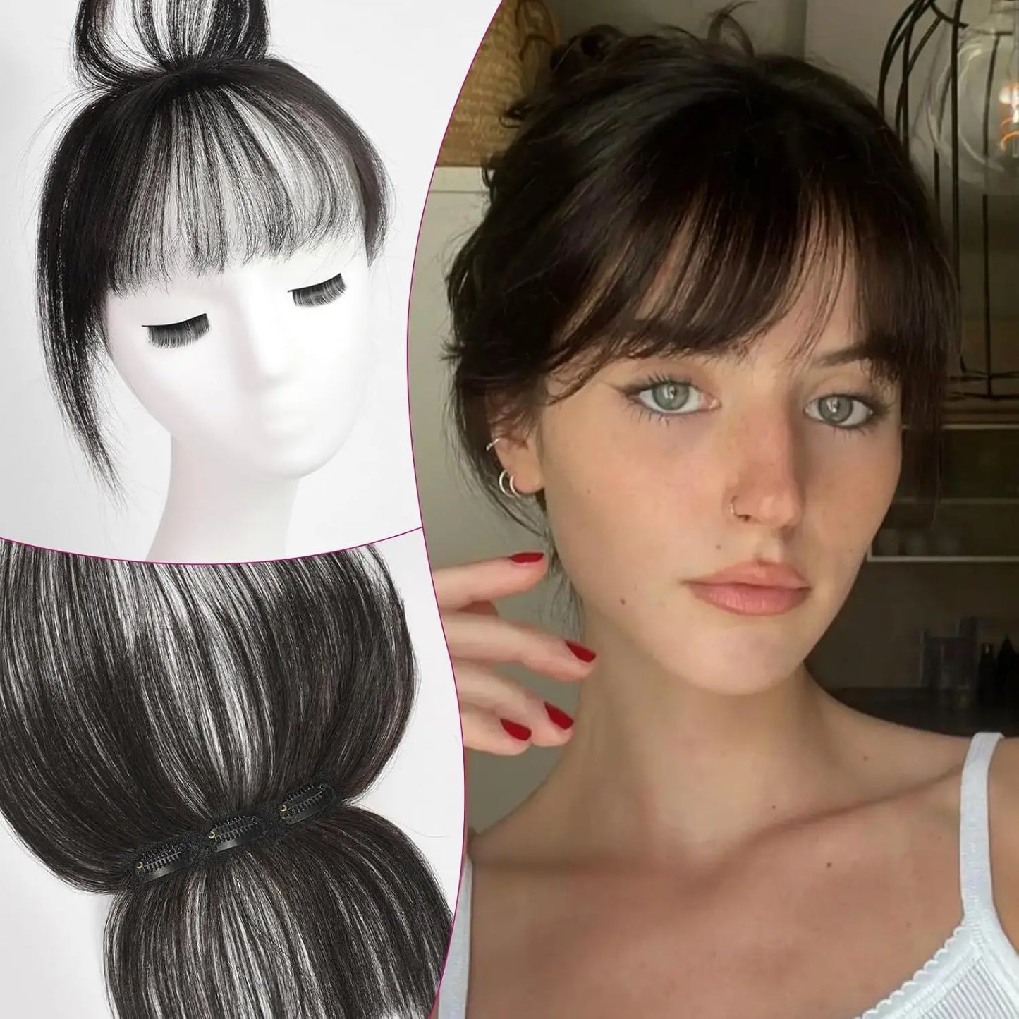 100% Real Human Hair Bangs 3 Secure Clips in Remy Hair Extensions for Woman 360° Full Coverage Natural Air Bangs with Temples
