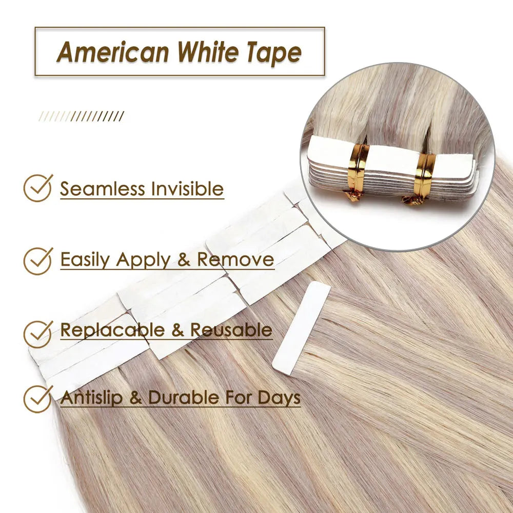 Tape in Hair Extensions 100% Real Human Hair Seamless Skin Wefts Tape in Hair Extensions For Women Highlight 20pcs 50g