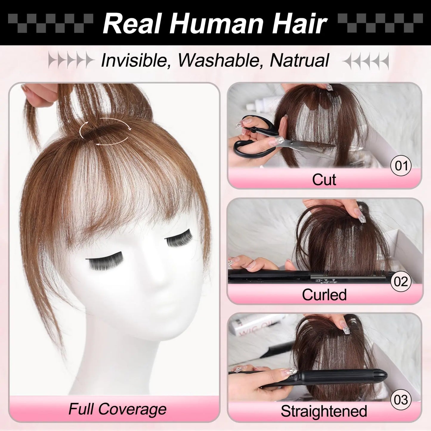 100% Real Human Hair Bangs 3 Secure Clips in Remy Hair Extensions for Woman 360° Full Coverage Natural Air Bangs with Temples