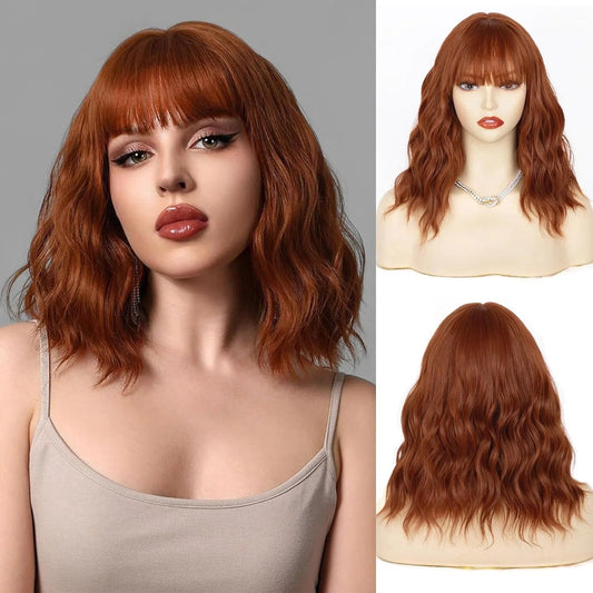 14 inch Auburn Human Hair Wig with Bangs for Women