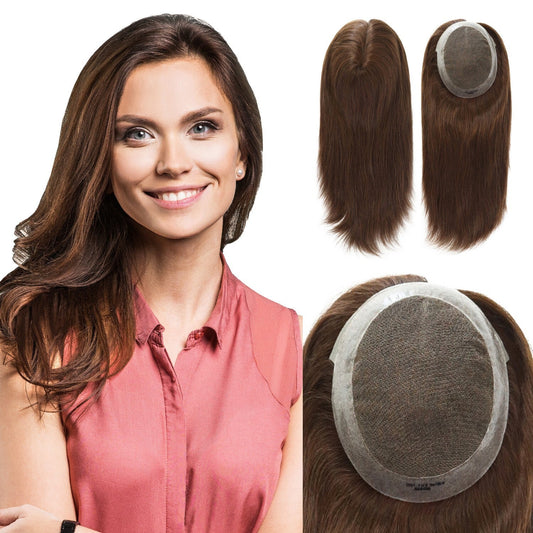 Women Top Piece Topper French Lace Human Hair Poly Around Medium Density