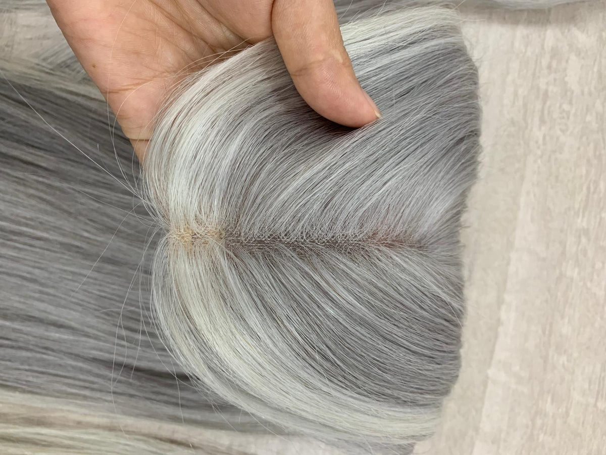 Shoulder Length Grey Full Handtied Mono Base Human Hair Topper for Women
