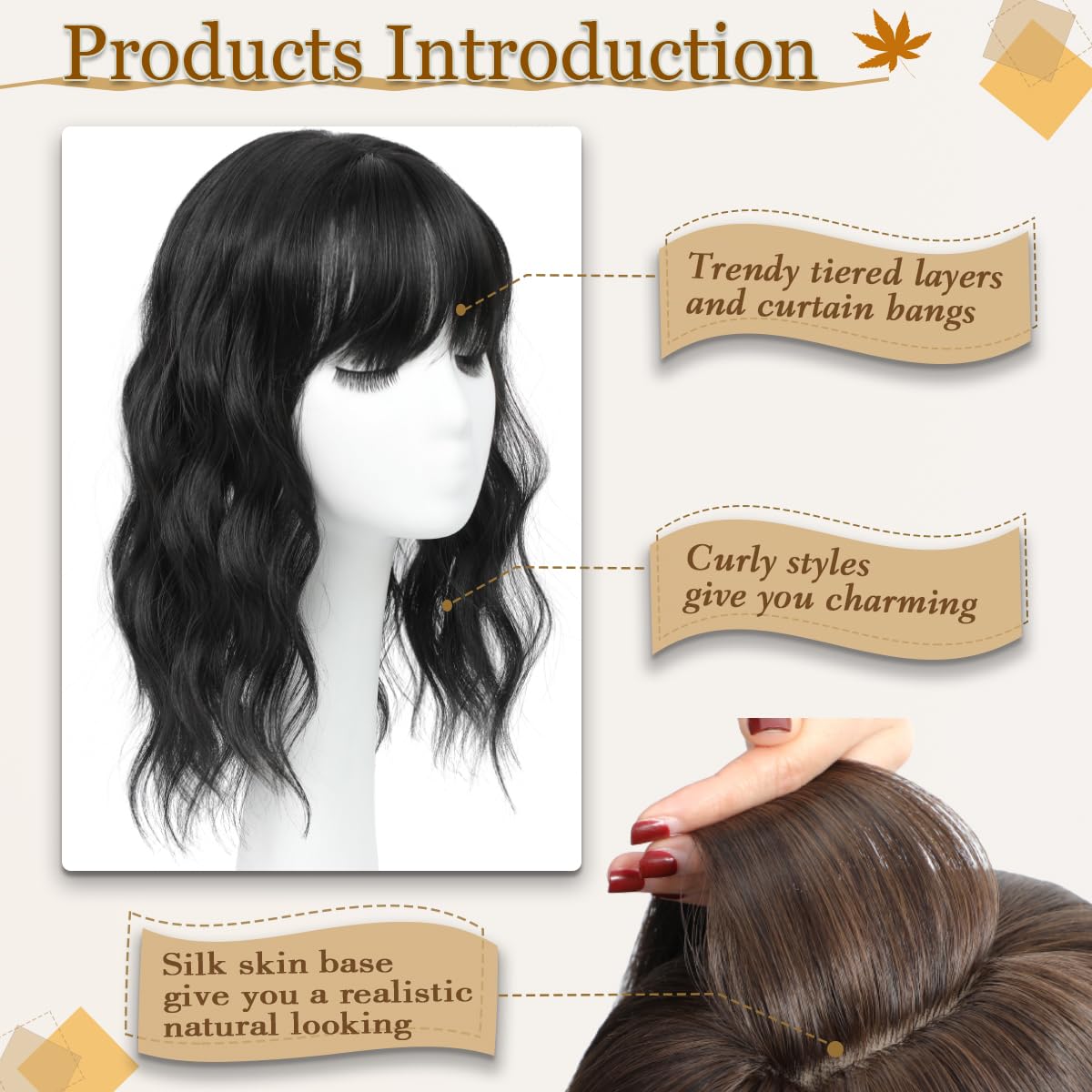 Summer Breathable Natural Wavy Hair Topper With Bangs For Women With Thinning Hair