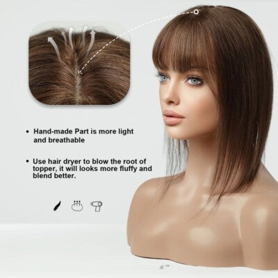 Silk Base Straight Hair Topper With Bangs For Thinning Hair