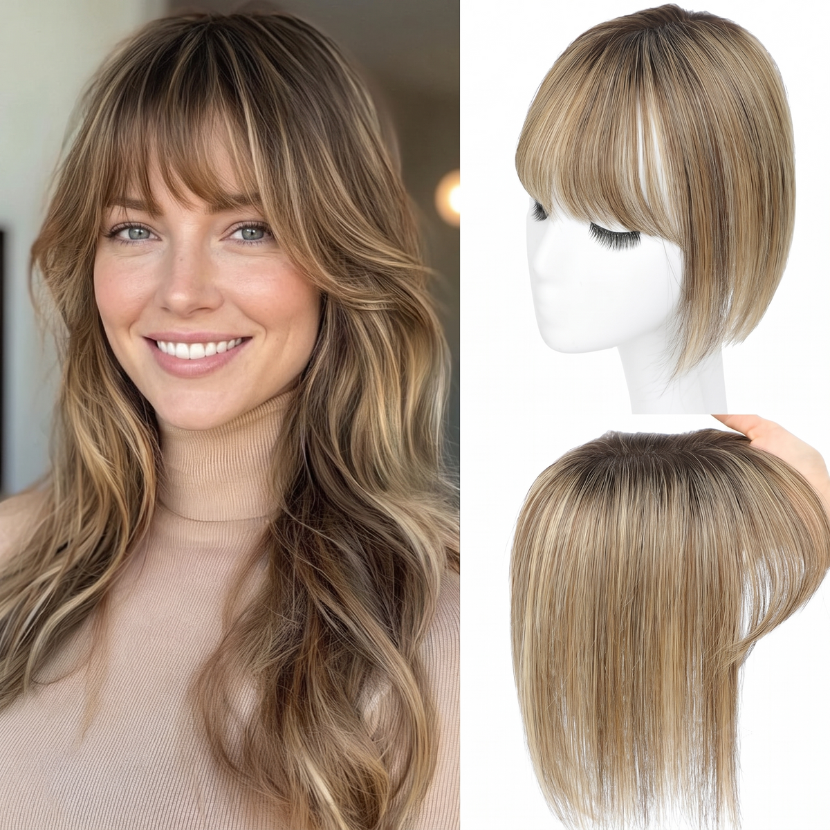 4''x4.7'' Premium Virgin Human Hair Toppers with Bangs, Seamless Wiglets for Thinning Hair