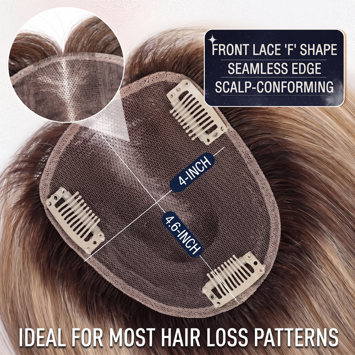 4x4.6" Swiss Mesh Hair Topper — Seamless Remy Human Hair with Graduated Volume