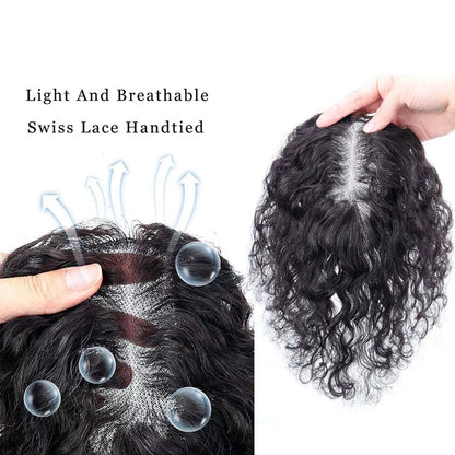 Flash Sale 🔔Full Handtied Swiss Base Curly Wavy Human Hair Toppers With Bangs