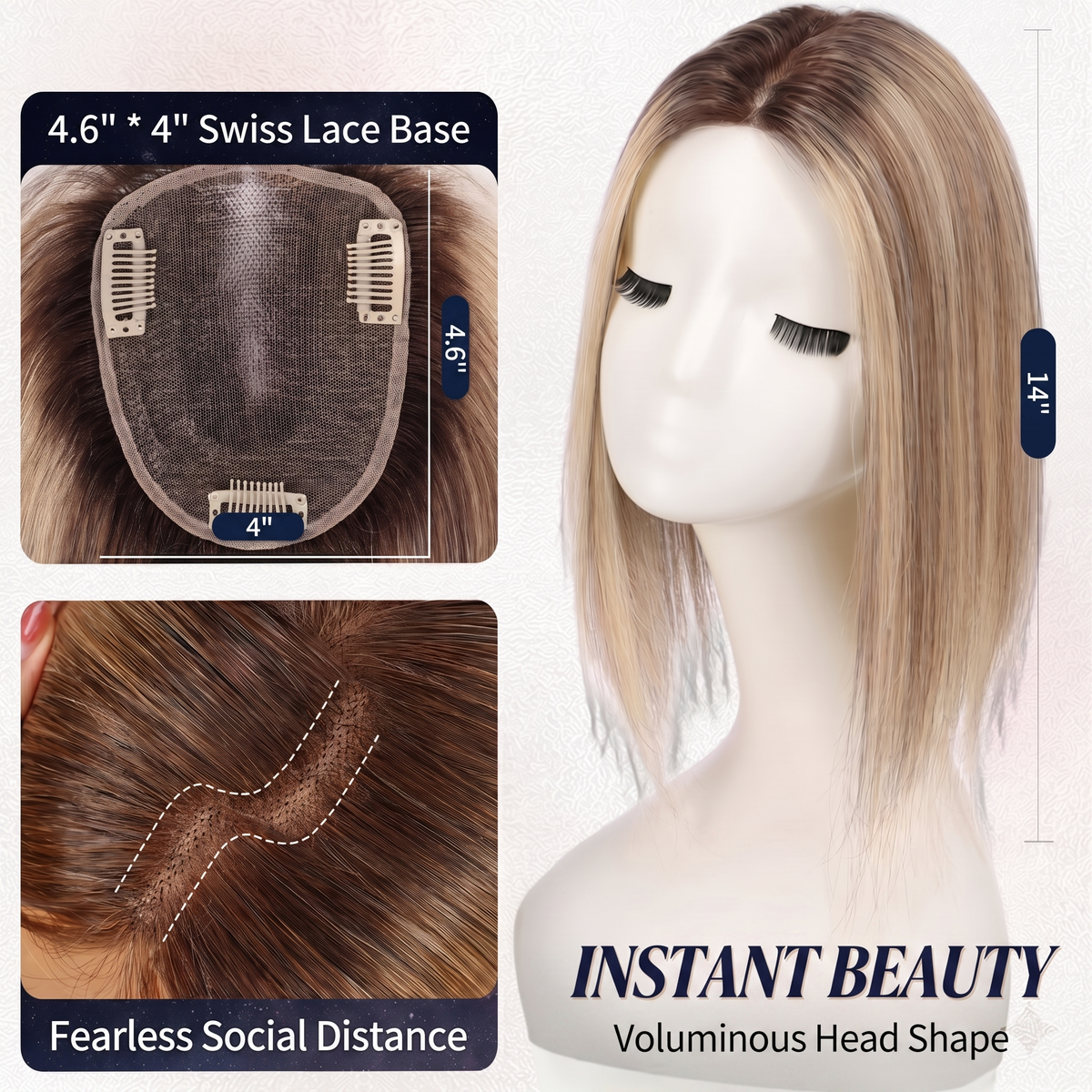 4x4.6" Swiss Mesh Hair Topper — Seamless Remy Human Hair with Graduated Volume
