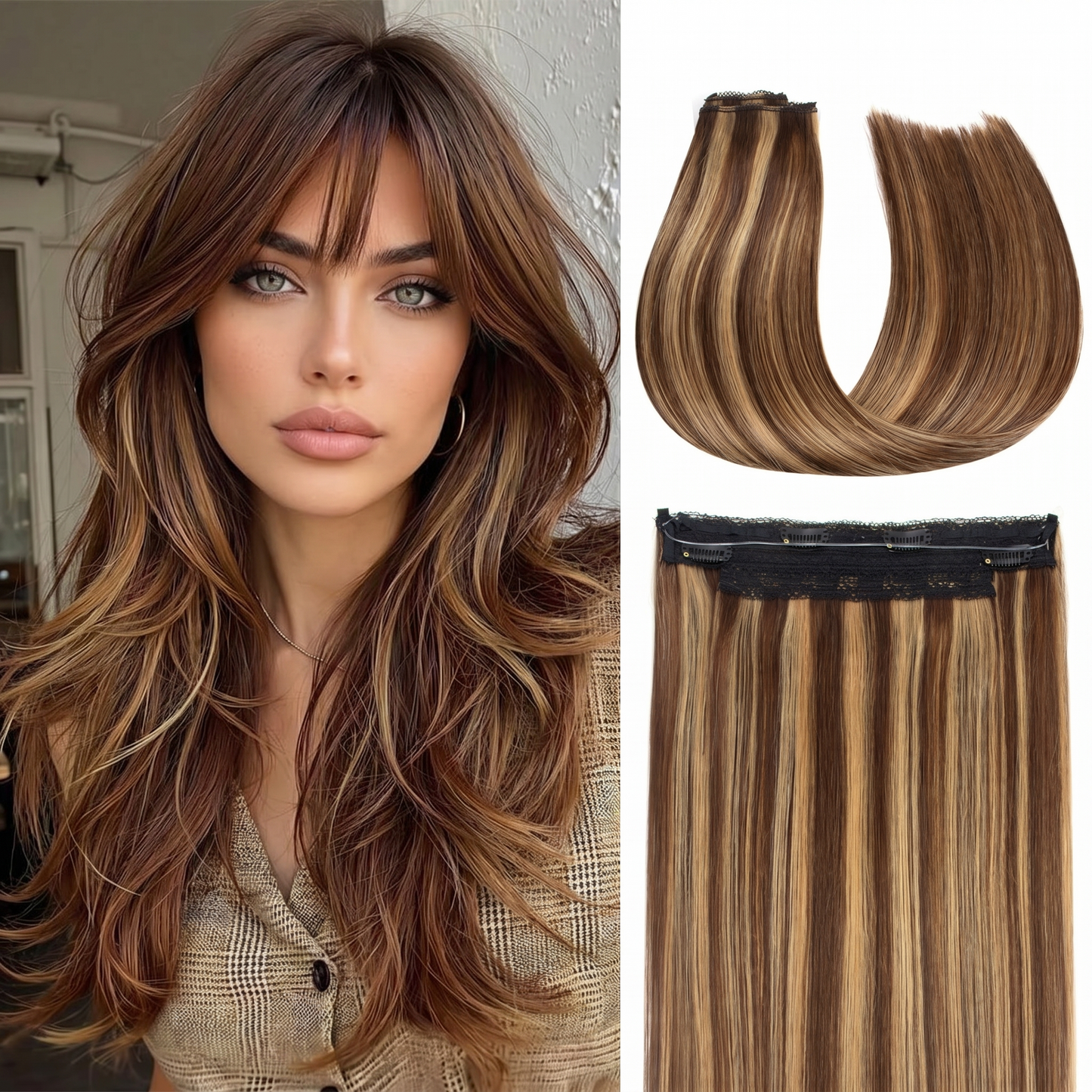 Secure Fit Hybrid Halo Hair Extensions - Non-Slip Clips & Invisible Wire, Seamless Natural Synthetic Fiber for Instant Volume & Thickness