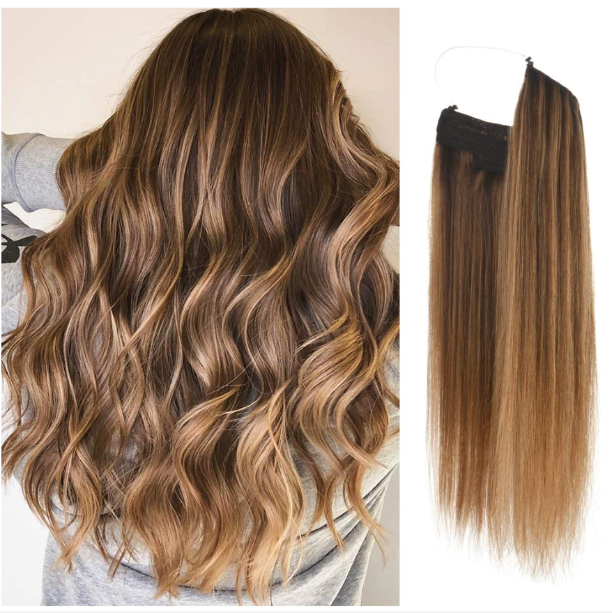 20 inch Ash Blonde Highlights Remy Human Halo Hair Extension Natural Hidden Wire