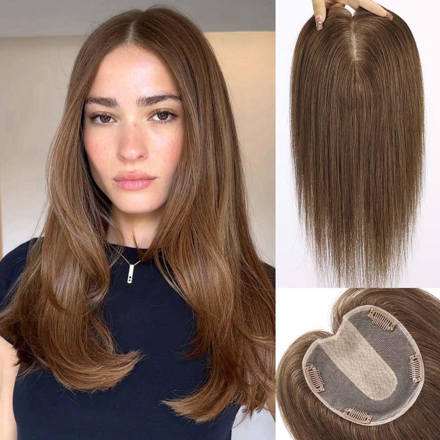 Full Hand-tied Mono Base Hair Topper NO Bangs Clip-in Thick Hairpiece for Women