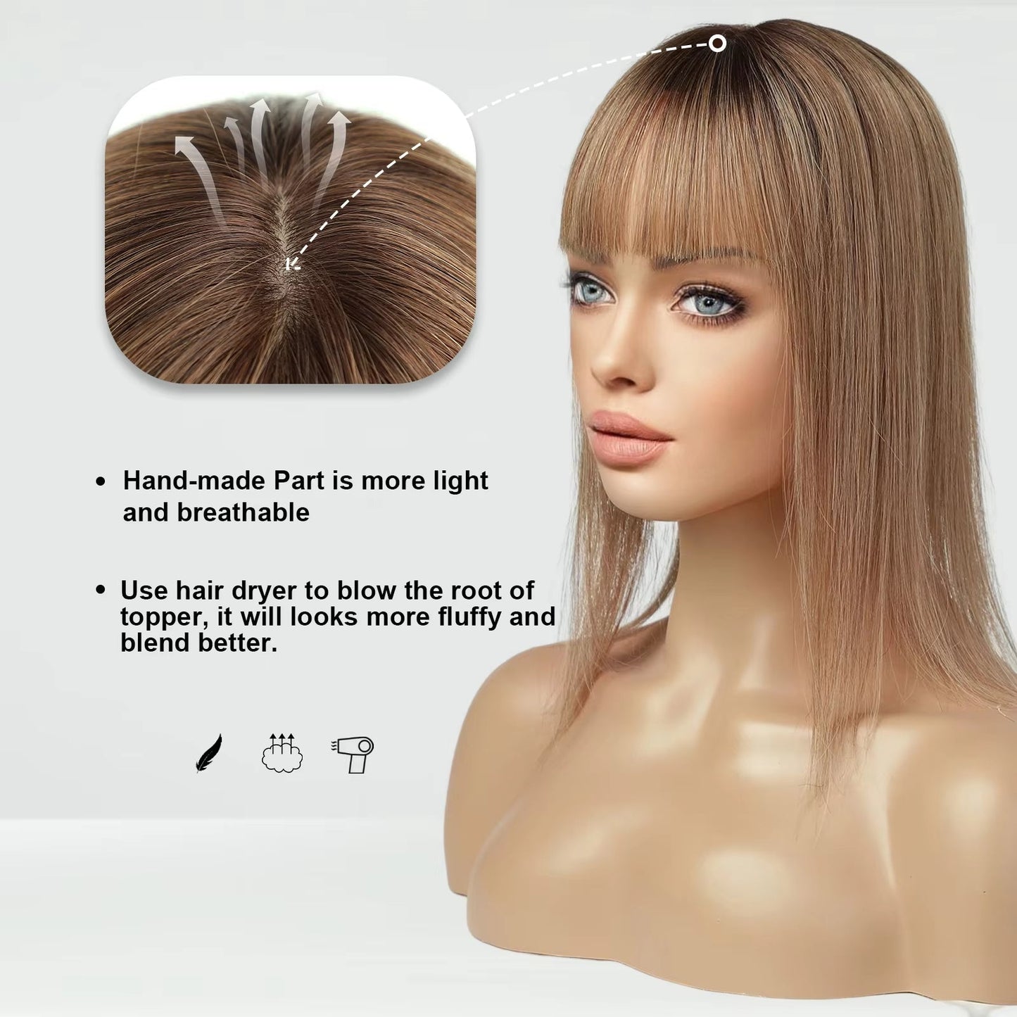 Breathable High Quality Hair Topper with Bangs for Women