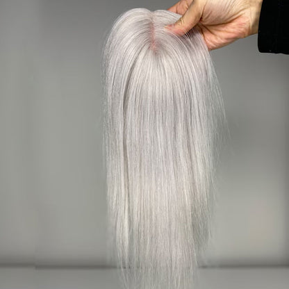 Shoulder Length Grey Full Handtied Mono Base Human Hair Topper for Women