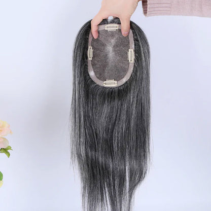 Shoulder Length Grey Full Handtied Mono Base Human Hair Topper for Women