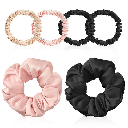 6PCS 100% Mulberry Silk Scrunchies Set, 2 Large and 4 Thin Silk Hair Ties for Women