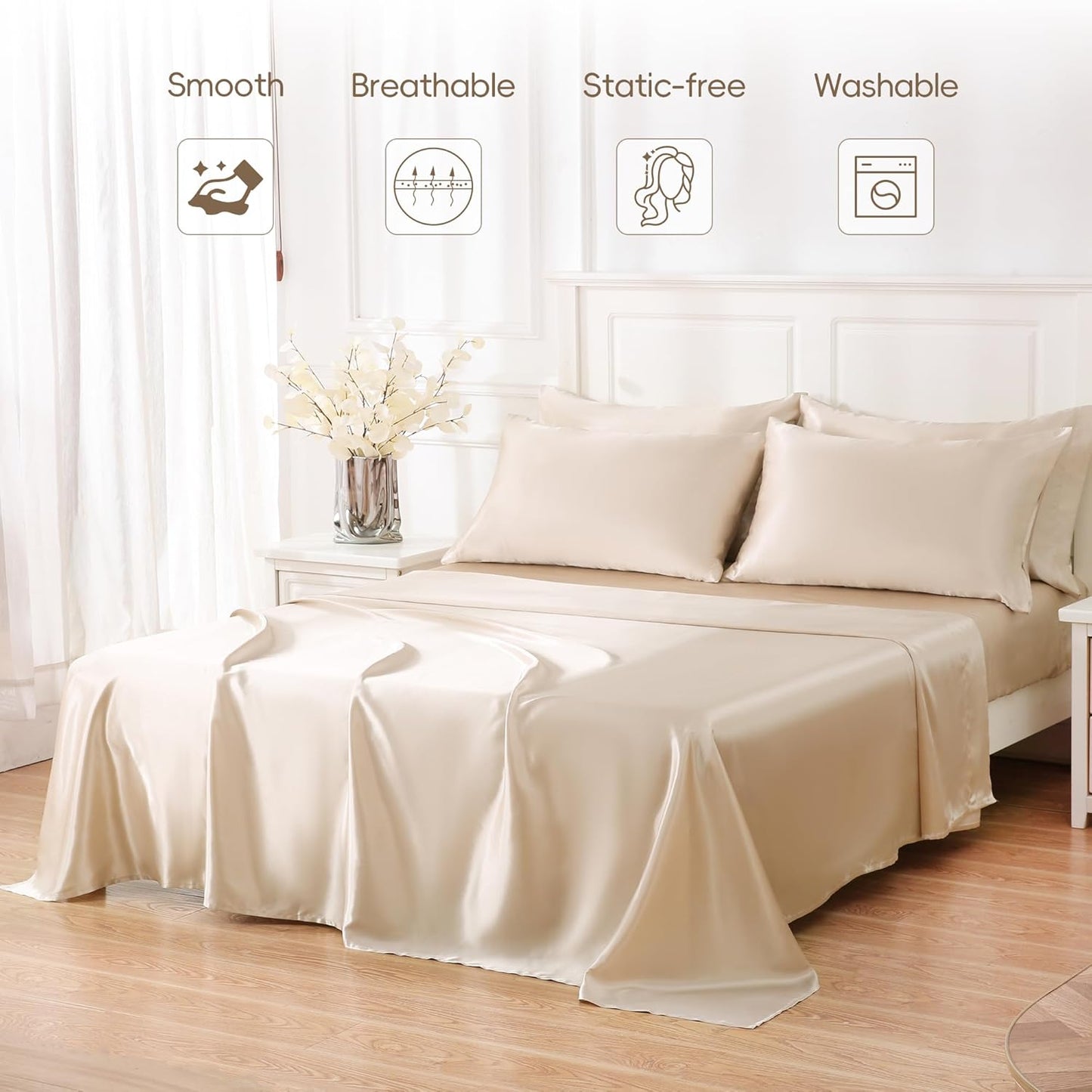 4 Piece Luxury Satin Bed Sheets Set with Pillowcases - Ultra Soft & Silky, Hypoallergenic