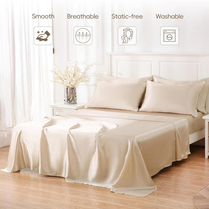 4 Piece Luxury Satin Bed Sheets Set with Pillowcases - Ultra Soft & Silky, Hypoallergenic