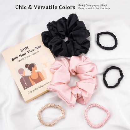 6PCS 100% Mulberry Silk Scrunchies Set, 2 Large and 4 Thin Silk Hair Ties for Women
