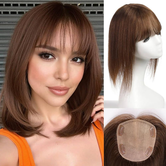 Silk Base Straight Hair Topper With Bangs For Thinning Hair