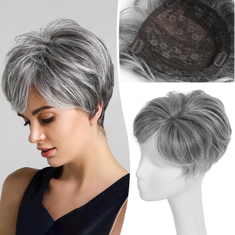 Hot Sale 🔥  Natural Short Hair Topper Invisible Hair Piece For Thinning Hair Full Coverage