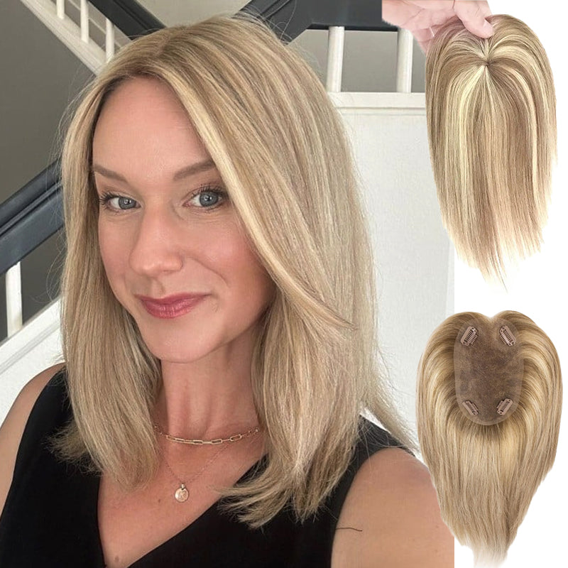 Pre-Sale 💋New Design Light Brown Highlight Blonde Hair Topper without Bangs for Women