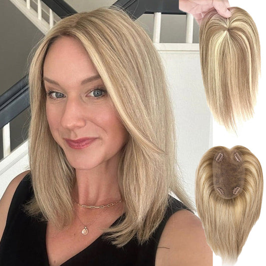 Pre-Sale 💋New Design Light Brown Highlight Blonde Hair Topper without Bangs for Women