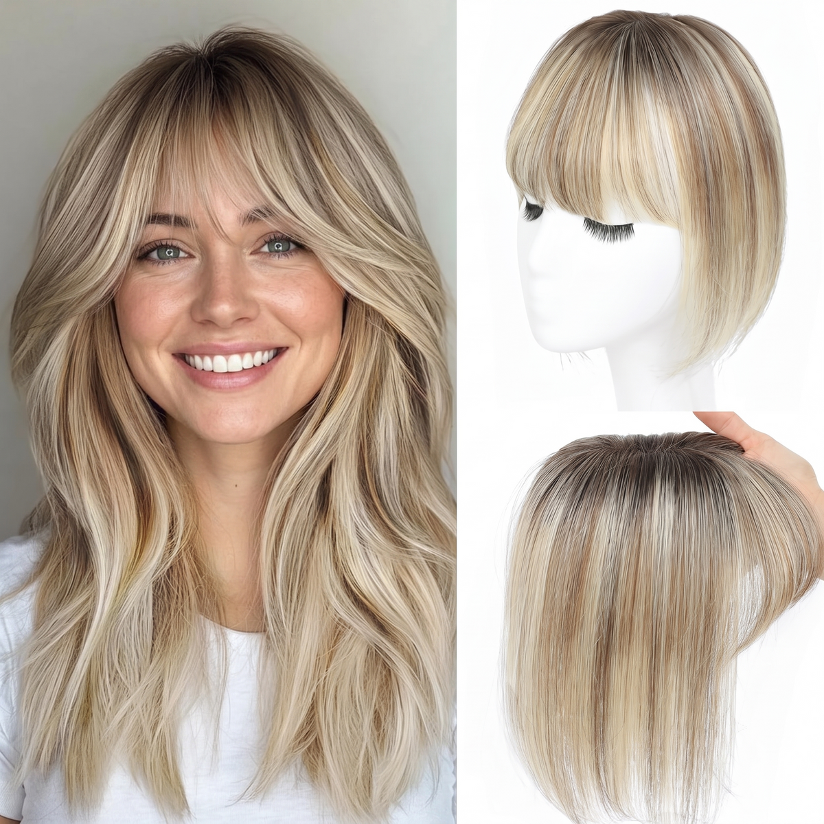 4''x4.7'' Premium Virgin Human Hair Toppers with Bangs, Seamless Wiglets for Thinning Hair