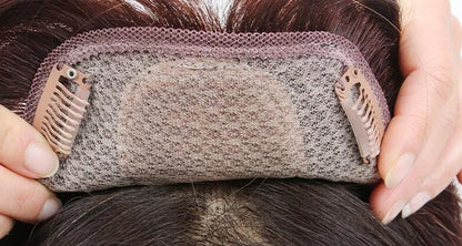 Brown Wavy Human Hair Topper Hairpieces with Bangs for Women