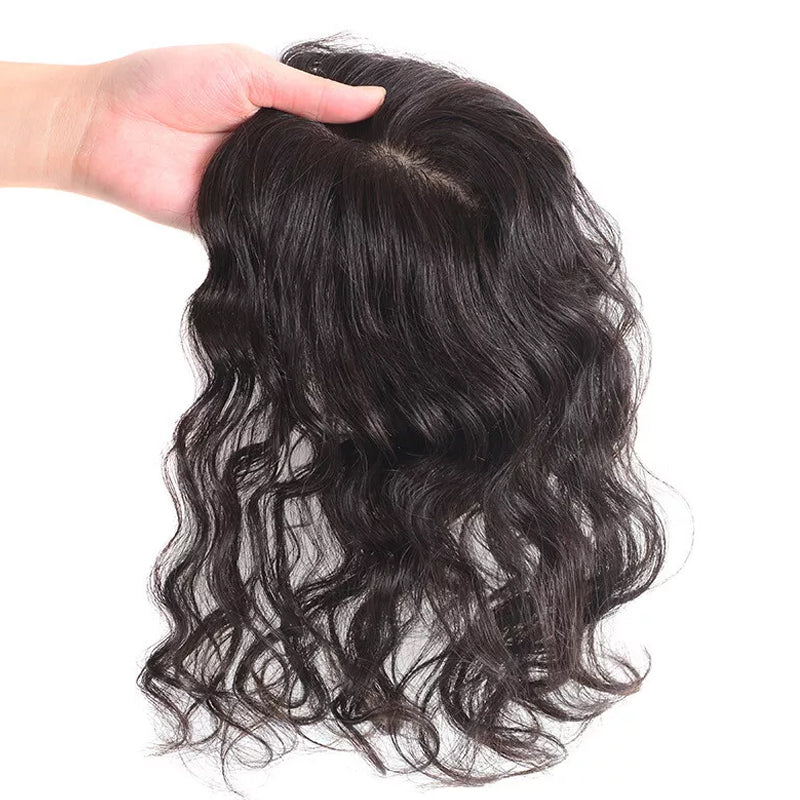 Brown Wavy Human Hair Topper Hairpieces with Bangs for Women