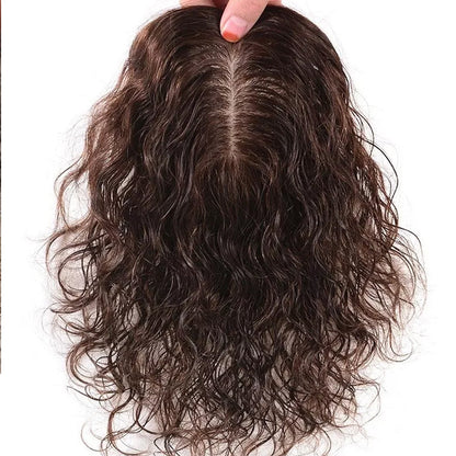Brown Wavy Human Hair Topper Hairpieces with Bangs for Women