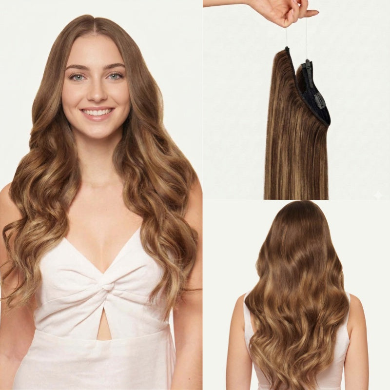 100% Human Hair Halo Extensions - Chestnut Brown Balayage