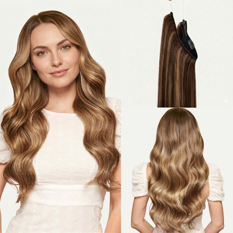 100% Human Hair Halo Extensions - Chestnut Brown Highlights