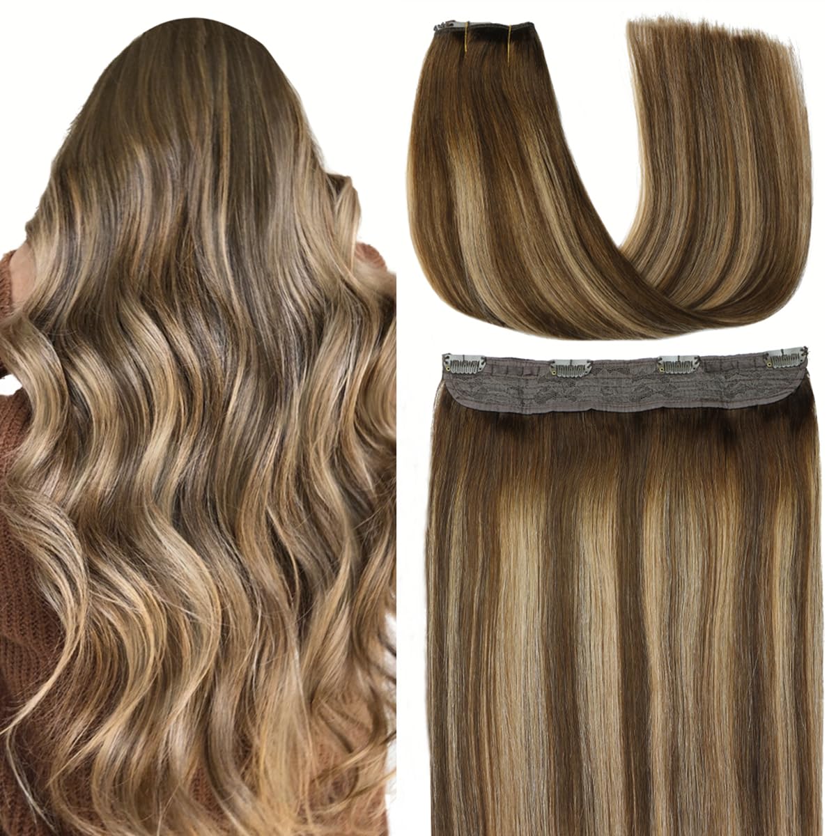 Secure Fit Hybrid Halo Hair Extensions - Non-Slip Clips & Invisible Wire, Seamless Natural Synthetic Fiber for Instant Volume & Thickness