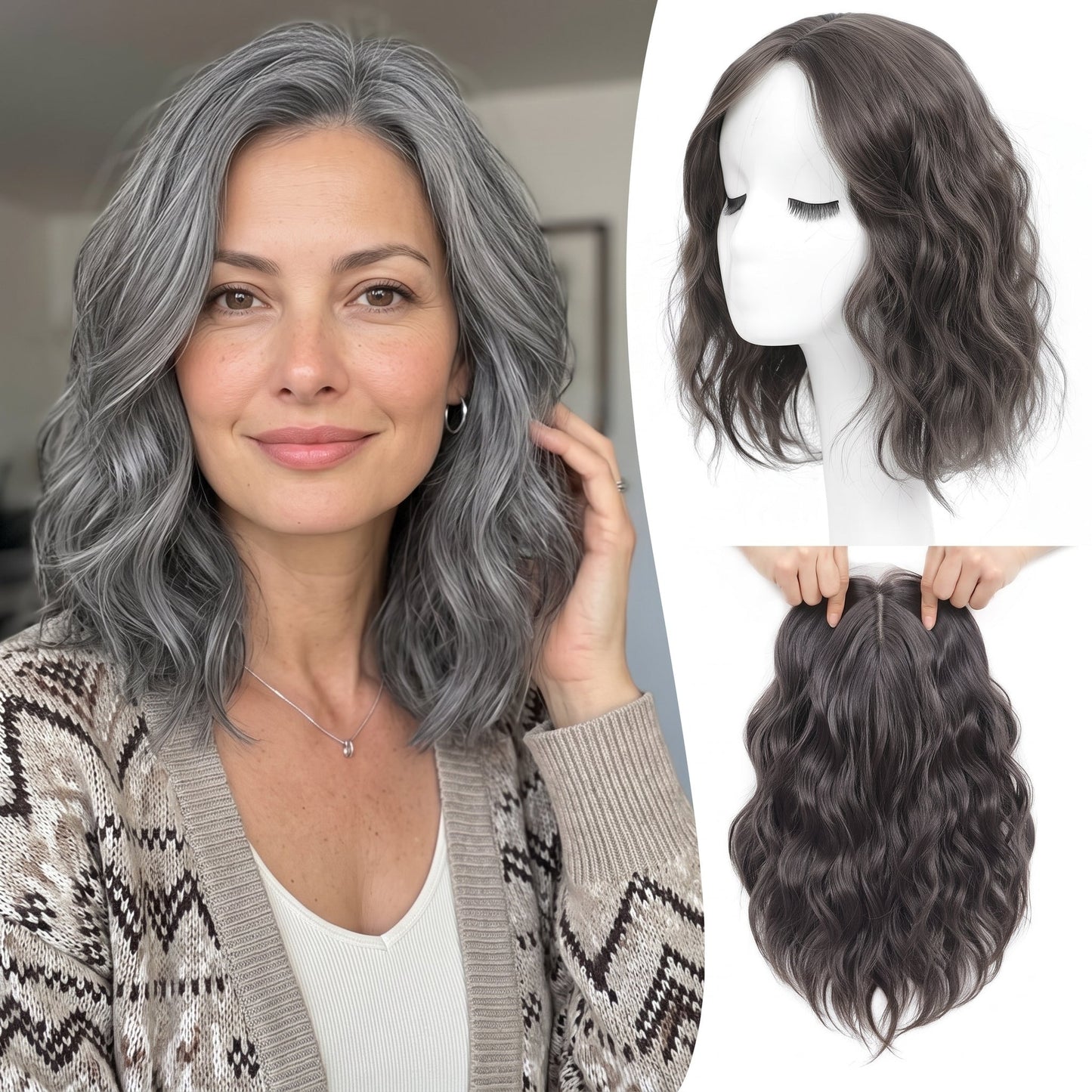 Natural Wavy Hair Topper for Crown Volume & Thinning Hair