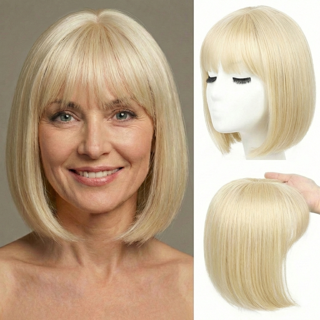 Premium Short Straight Hairpiece with Bangs - Instant Fullness & Breathable Comfort