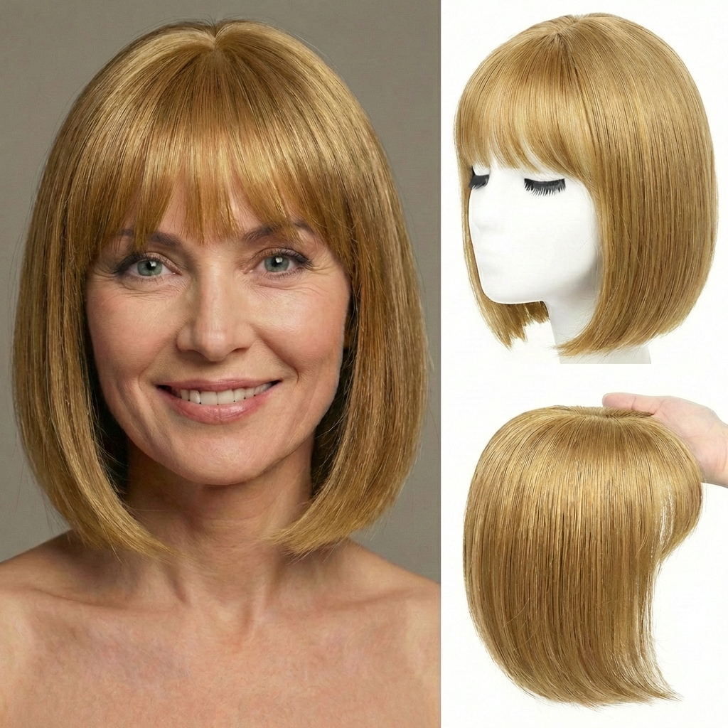 Premium Short Straight Hairpiece with Bangs - Instant Fullness & Breathable Comfort
