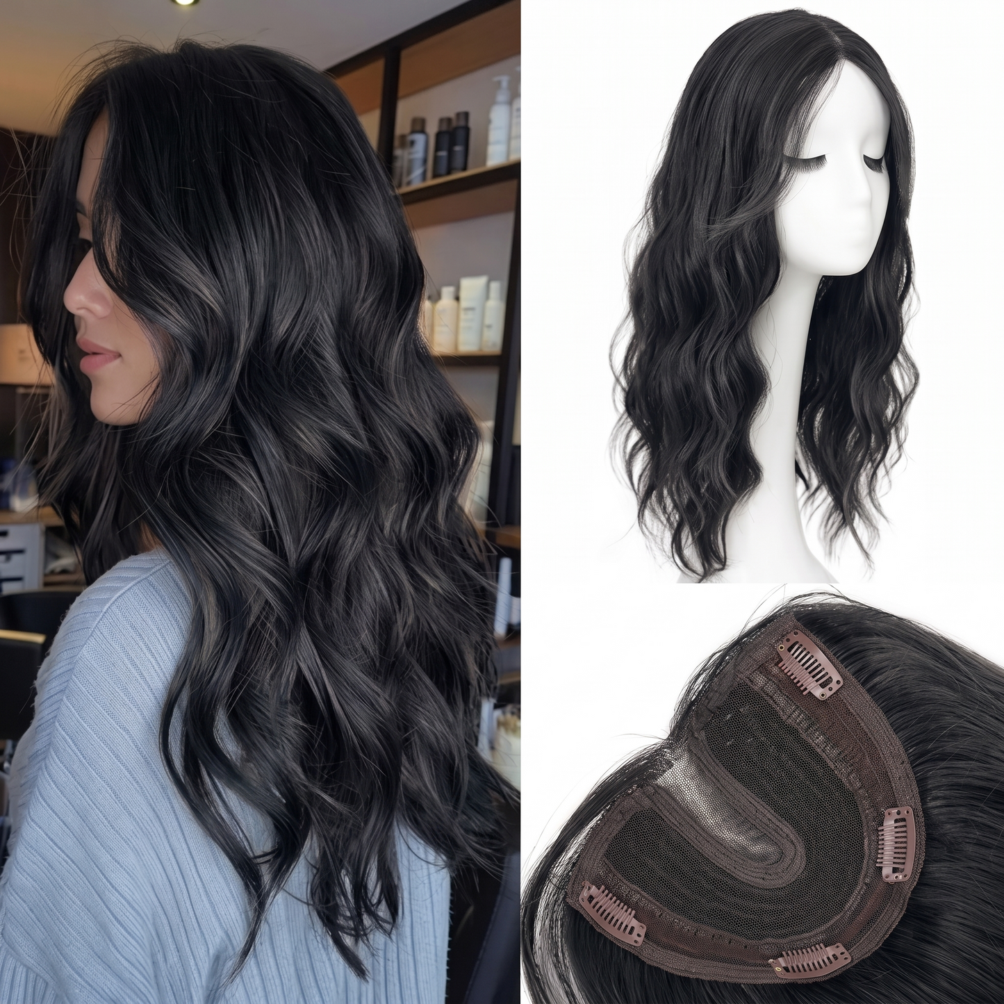 20'' Hand-Tied Lace Front Wavy Hair Topper for Women — Medium Length Crown Volume with Natural Middle Part & Bangs