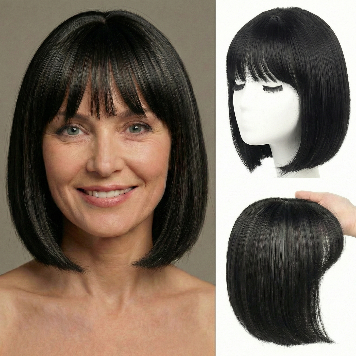 Premium Short Straight Hairpiece with Bangs - Instant Fullness & Breathable Comfort