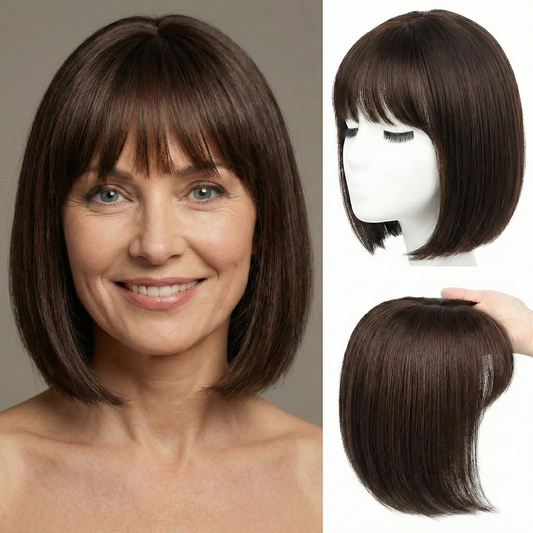 Premium Short Straight Hairpiece with Bangs - Instant Fullness & Breathable Comfort