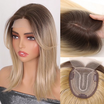 14" Lace Front Short Straight Hair Topper – Invisible Seamless Center Part Hairpiece